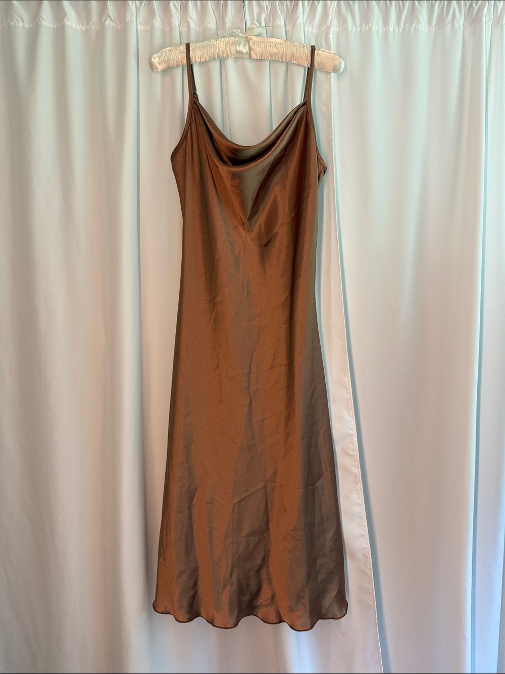 bebe Tan Satin Slip Dress with Cowl Neck
